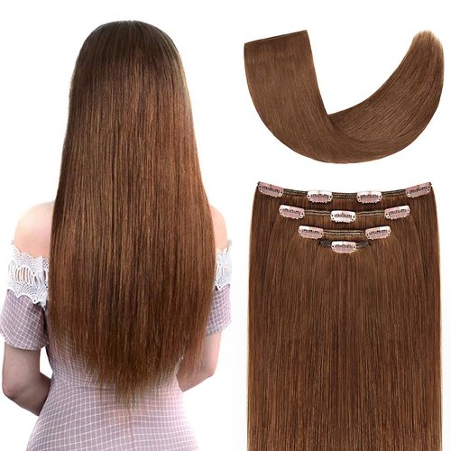 16" Clip in Hair Extensions Real Human Hair for Women - Silky Straight Light Brown Hair Extensions Clip on 55grams 4pieces (16inches, 6 Color)
