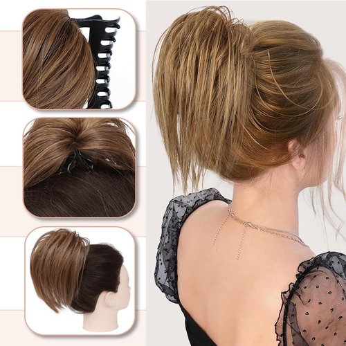 AKOAK 1 Pack Messy Bun, Hair Piece Claw Clip, Wavy Curly Bun for Women Claw Ponytail Hair Extension Unkempt Updo, Bun with Clip Everyday Use (Dark brown)