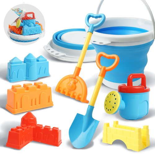 SMILESSKIDDO Collapsible Beach Toys - Collapsible Beach Bucket with Sand Shovels and Castle Molds - Sandbox Toys, Beach Toys for Toddlers Boys Girls