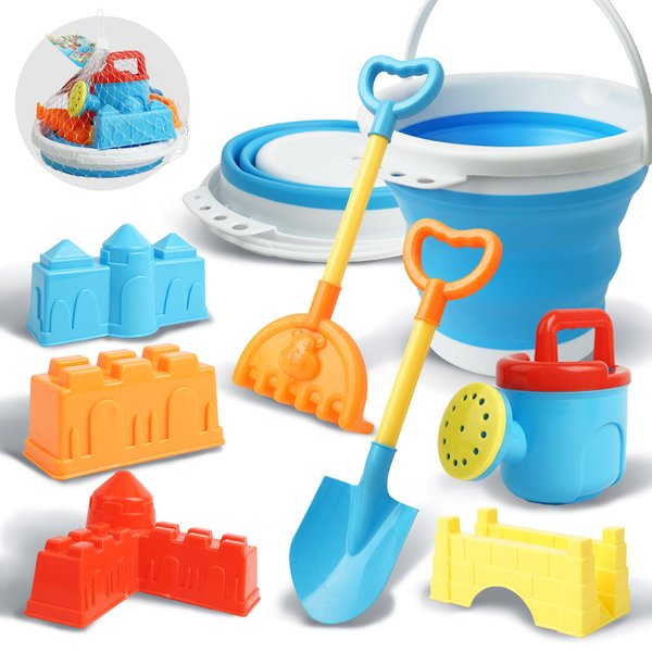 SMILESSKIDDO Collapsible Beach Toys - Collapsible Beach Bucket with Sand Shovels and Castle Molds - Sandbox Toys, Beach Toys for Toddlers Boys Girls