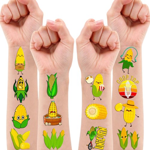 96 PCS Cute Corn On Cob Temporary Tattoos Themed Birthday Party Decorations Supplies Favors Decor Corntastic Day Vegetable Die Cut Tattoo Stickers Gifts For Boys Girls Classroom School Prizes Carnival