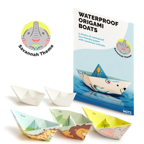 Waterproof Floating Origami Boats | Floating ships | Origami Kit | Savannah Topic | 5 Waterproof Premium Quality Paper Sheets | Paper Boats Bath