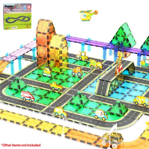 PicassoTiles Magnet Tile Car Track Adventure Theme Printed Street Road Runway Speedway Highway Magnetic Building Tiles Block Construction Pretend Play Playset STEM Education Learning Kit Kids 3+ PTE16