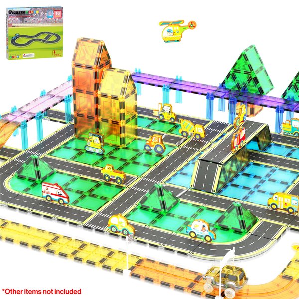 PicassoTiles Magnet Tile Car Track Adventure Theme Printed Street Road Runway Speedway Highway Magnetic Building Tiles Block Construction Pretend Play Playset STEM Education Learning Kit Kids 3+ PTE16