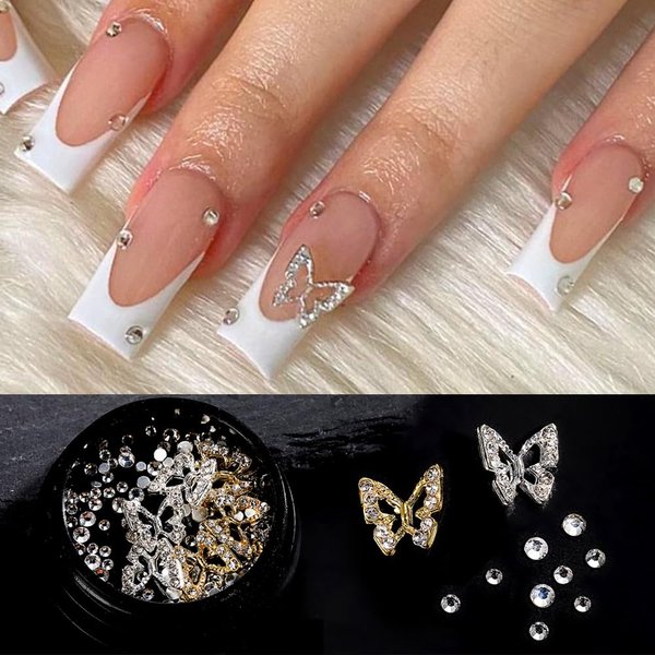 3D Butterfly Nail Charms,Metal Alloy Gold Silver Butterflies with Rhinestones for DIY Nail Art Decoration
