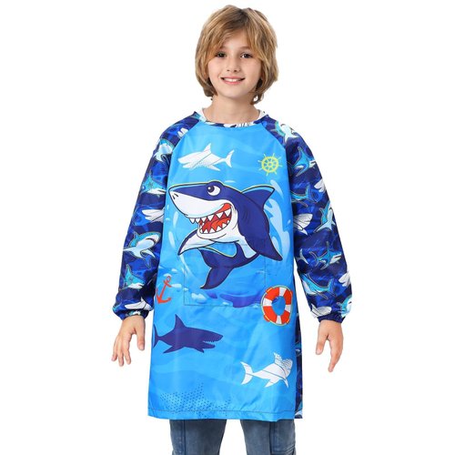 WERNNSAI Art Smocks for Kids - Shark Toddler Smock for Painting Boys Art Smock Kids Artist Apron Smock Waterproof for Kids Painting Apron with Long Sleeve Pocket Toddler Blue Craft Art Apron Age 4-8