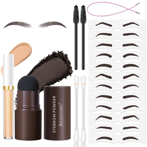 HOSAILY Eyebrow Stamp Stencil Kit, Brown Brow Filling Powder Stamp Waterproof, Eye Concealer, 12Reusable Brow cards+ elastic cord, 2Cleaning Cotton Swab, 2Brush Women Brow Shaping Makeup-Dark Brown