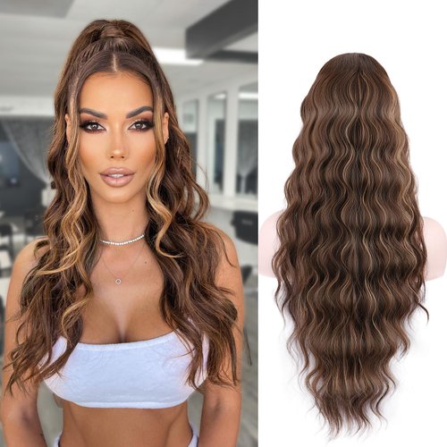 NOSTALGIA Brown Ponytail Extension 26 Inch Long Curly Wavy Drawstring Ponytail Extension Syntheti...