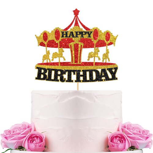 WeBenison Carousel Happy Birthday Cake Topper/Vintage Circus Tent Carnival Birthday Cake Decor/Children Birthday Amusement Park Theme Birthday Party Decorations Gold & Red