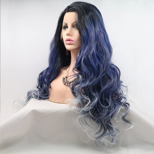 xiweiya Black to Blue Wig Heat Resistant Fiber Hair Long Ombre Blue Wigs with Blonde Tips Mixed Piano Color Middle Part Cheap Wigs 180% Density 13x3 Lace Wig For Women 24inch