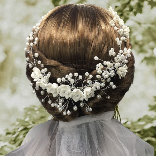 QUEOUNR Pearl Wedding Hair Pins, 3PCS Bridal Hair Comb Decorative Hair Accessories with Pearl Flower Rhinestone Hair Clips Set for Women Girls,H04