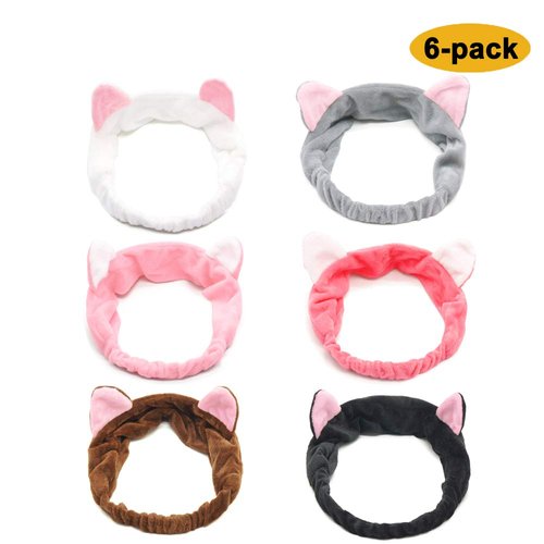 Mixtecc 6PACK Cat Ears Headbands, Elastic Women's Cute Hair Band, Wash Face Spa Headband - Washable Facial Band Makeup Wrap Headbands