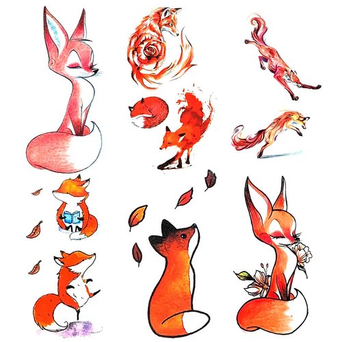 Oottati 6 Sheets Small Cute Kids Women Wrist Hand Neck Orange Cartoon Flower Fox Temporary Tattoo Stickers for Grils Boys