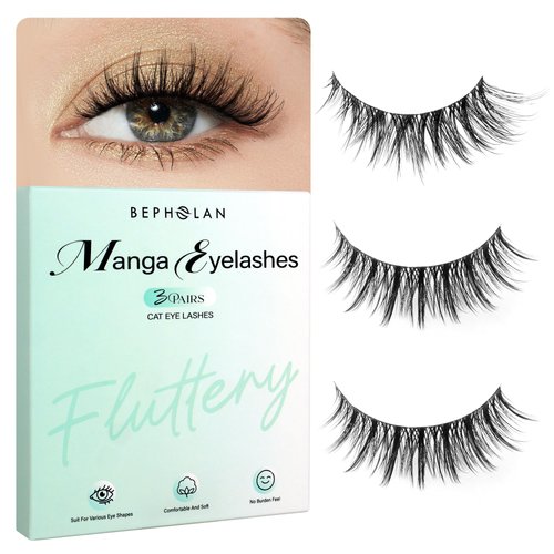 Bepholan Manga Lashes Natural Look 2 Styles False Eyelashes Reuseable Strip Wispy Fake Lashes 3 Pairs Cat Eye Lashes Fluffy Spiky Anime Lashes with Tweezer(M2615)