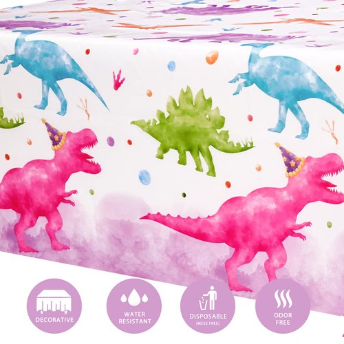 WERNNSAI Watercolor Dinosaur Tablecloth - 2 Pack 54'' x 108'' Dinosaur Party Supplies for Kids Girls Dino Theme Birthday Party Decoration Plastic Disposable Printed Rectangular Dining Table Cover