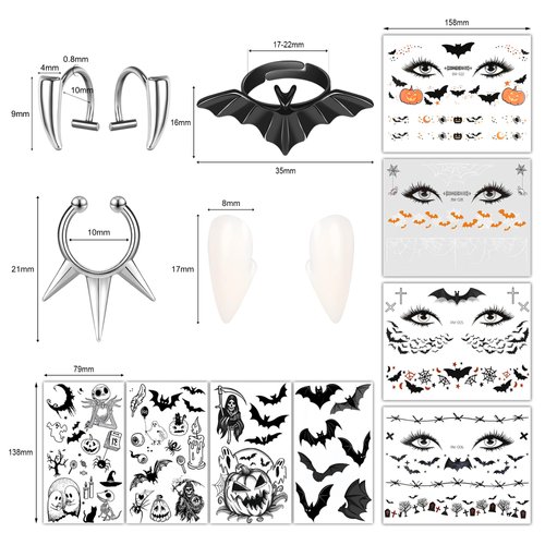 6ixGosh Halloween Fake Piercings Fake Lip Piercing Fake Septum Nose Ring Adhesive Face nail Jewelry Vampire Fangs Fake Teeth Halloween Scar Eye Shadow Spider Web Skull Bat Temporary Tattoos Sticker, 1