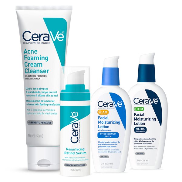 CeraVe Acne Skin Care Set, 5oz Acne Foaming Cream Cleanser + 1oz Resurfacing Retinol Serum + 2oz AM Facial Moisturizing Lotion with SPF 30 + 2oz PM Facial Moisturizing Lotion, Skin Care Gift Sets