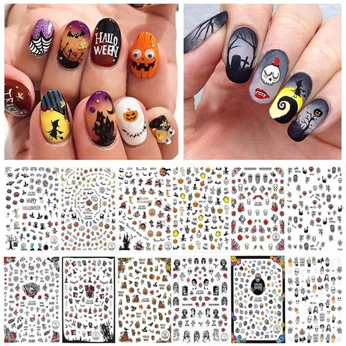 1500pcs Halloween Nail Art Stickers Decals, Kalolary Self-Adhesive DIY Nail Decals Sticker for Halloween Party, Pumpkin/Witch/Bat/Ghost/Skull Nail Decorations