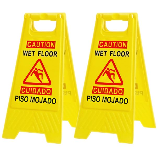 StrLon Caution Wet Floor Sign Bilingual Foldable Sturdy Warning Signs Double-Sided Safety Warning Signs (2-Pack Yellow)