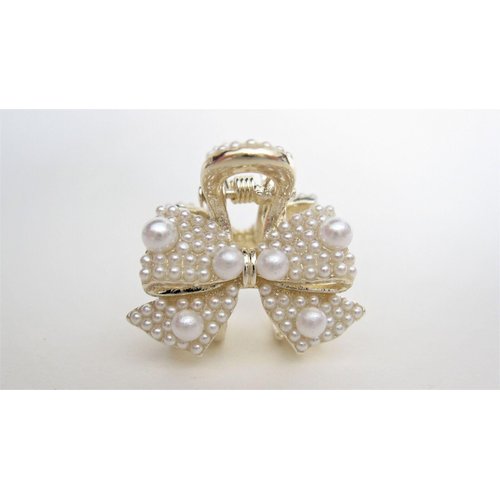 Generic Small bow tie pearl and gold metal hair claw clip bridal clip
