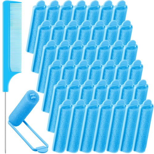 43 Pieces Foam Sponge Hair Rollers Set, Soft Sleeping Hair Curlers 0.59 Inch Flexible Hair Styling Sponge Curler and Stainless Steel Rat Tail Comb Pintail Comb for Hair Styling (Dark Blue)