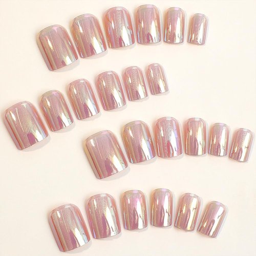 Press On Nails Short，Acrylic Nails Press on ，Short Square Press on Nails Fake Nails Glossy False Nails with Chrome Press ons Fashion Designs Artificial Nails Stick on Nails for Women Girls 24Pcs