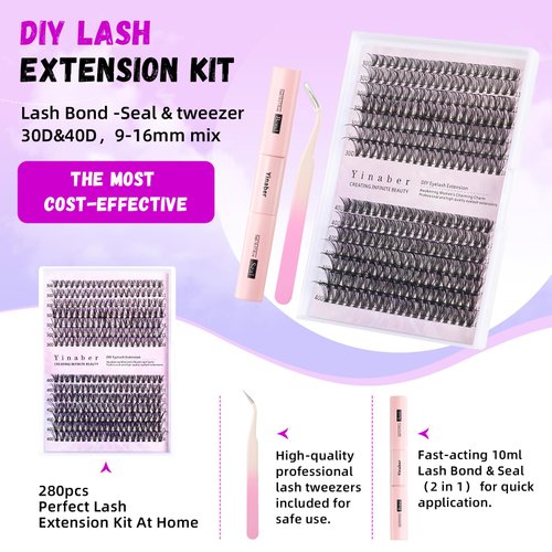 Yinaber Lash Extension Kit DIY 280pcs Lash Clusters Eyelash Extension Kit, 9-16mm Mix 30D 40D Curl Individual Lashes Kit with Lash Bond and Seal Lash Tweezers for Self(30D&40D-0.07D-9-16Mix KIT)
