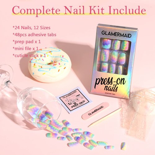 GLAMERMAID Tie Dye Press on Nails Medium Square, Ombre Green Pink Purple Spring Fake Nails Short, Summer Macaron Color Glue on Nails for Women Gift, Glossy Gel False Nail Kits Acrylic Stick on Nails