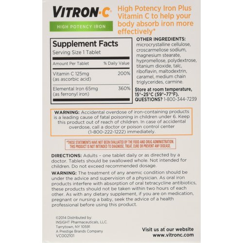 VITRON-C High Potency Iron Plus Vitamin C Tablets - 60 Ea - 3 pack