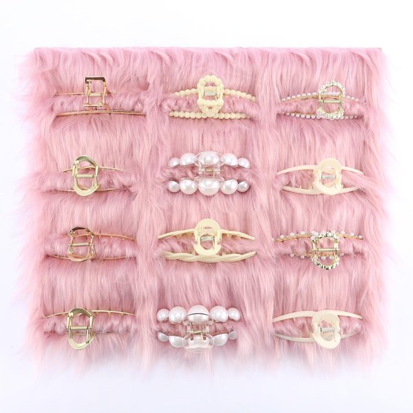 SNOWSTAR Claw Clip Organizer Holder,Claw Clip Holder and Storage Decoration,16 * 14 inch Hair Clip Organizer Faux Fur Squares Stand for Women and Girl,Hair Clips Fluffy Decor Display (Pink)