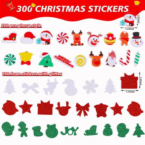 DIYASY 300 Pcs Christmas Glitter Foam Stickers, Holiday Stickers Kids Crafts Xmas Snowflake Felt Stickers Ornament Small 3D Puffy Sticker Stocking Decorations Party Supplies