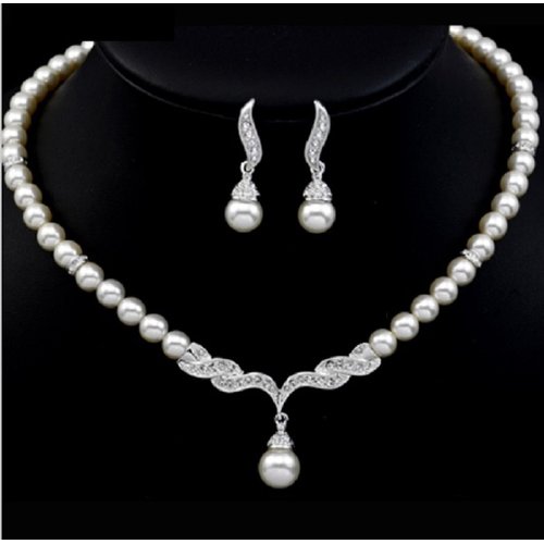 Pearls Bridal Bridesmaid Prom Tiara Crystal Rhinestone Jewelry Set Wedding Veil J3 (White)