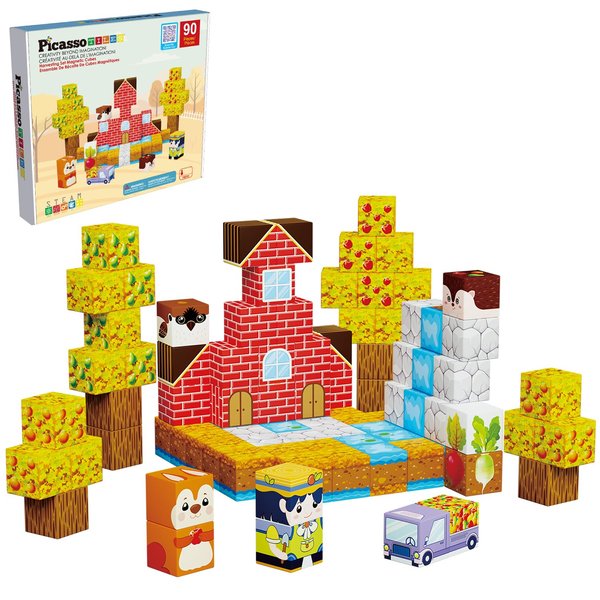 Picasso Cubes 1” Fall Autumn Harvest Theme Magnetic Blocks Build Cubes 90 Piece Magnet Tile Construction Building Block Set Sensory Toy Early Education STEM Learning, Children Age 3+ Boy Girl PMC05