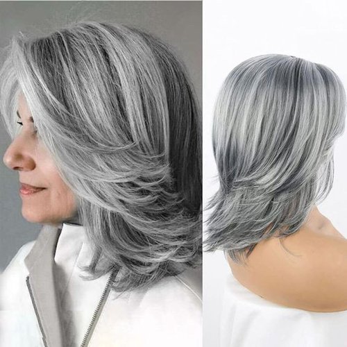 Wiwige Grey Layered Wig Mixed Grey Natural Wavy Hair Wig for Women shoulder Length Synthetic Heat Resistant Wigs for Women