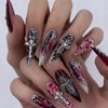 MISUD Press on Nails Long Stiletto Fake Nails Glossy Glue on Nails Goth Red Black Ombre Acrylic Nails Gothic Cross Artificial Nails Chrome Swirl Stick on False Nails with Design 24 pcs
