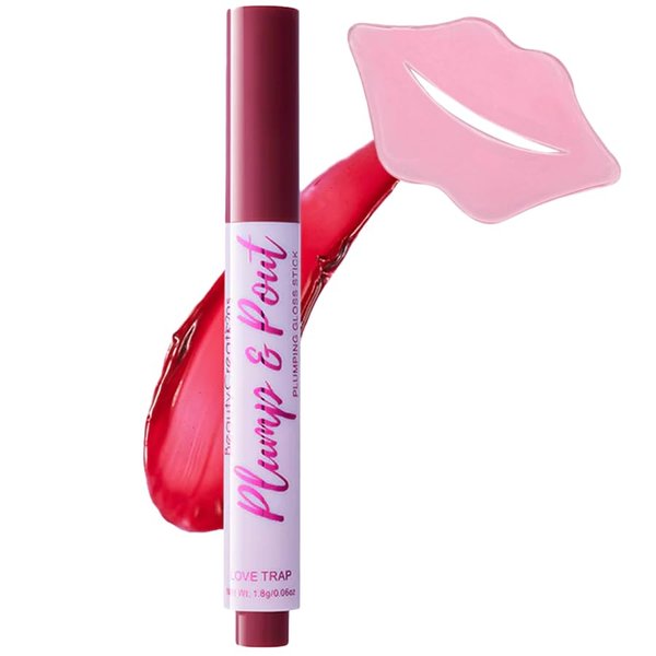 Glam Lux Beauty Bundle Beauty Creations Plump & Plout Plumping Gloss Stick Lip Gloss Hydrating Instantly Volumizing High Shine Tingling w Collagen Lip Mask (Love Trap-Cherry Red, 1.8g)