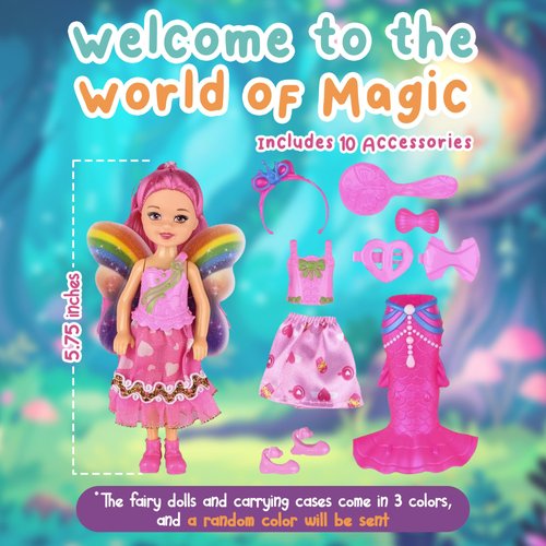 Forest & Twelfth Fairy Figurines Dolls & Accessories Set in Plastic Carrying Case with Handle 5.75" Fairy Mini Dolls for Girls Toys, Fun Fairy Party Favors, Fairy Birthday Party Gifts