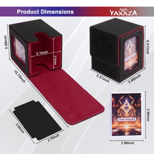 YAXAZA MTG Deck Box with Commander Display Window, Card Deck Box Fits 100+ Double Sleeved Cards, TCG Strong Magnetic PU Leather Box with 2 Dividers and 1 Toploader (Black & Red)