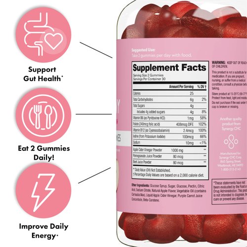 Flat Tummy Apple Cider Vinegar Gummies, 60 Count – Boost Energy, Detox, Support Gut Health & Healthy Metabolism – Vegan, Non-GMO ACV Gummies- Made with Apples, Beetroot, Vitamins B9 & B12- Pack of 3
