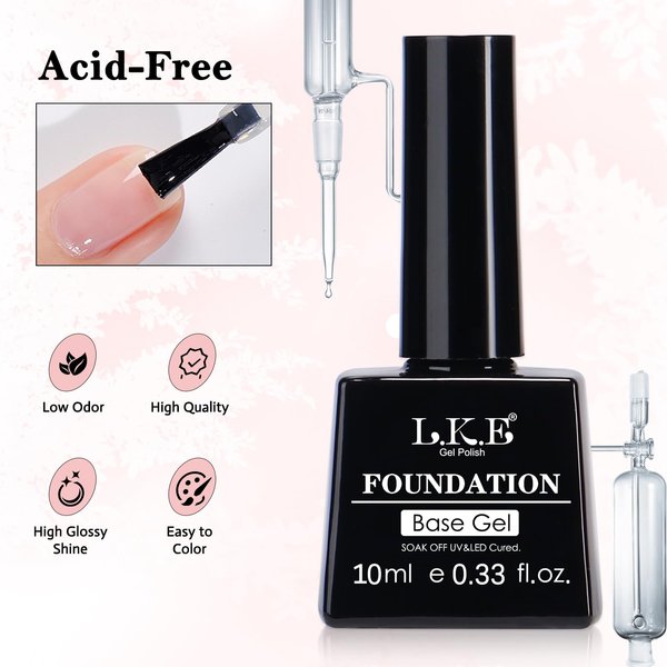LKE No Wipe Gel Top and Base Coat Set, 2 Pcs Clear Shine Finish Long Lasting Glossy Gel Base Top Coat for Gel Nail Polish Soak Off U V/LED Nail Lamp Nail Art Design Manicure for Home DIY & Salon