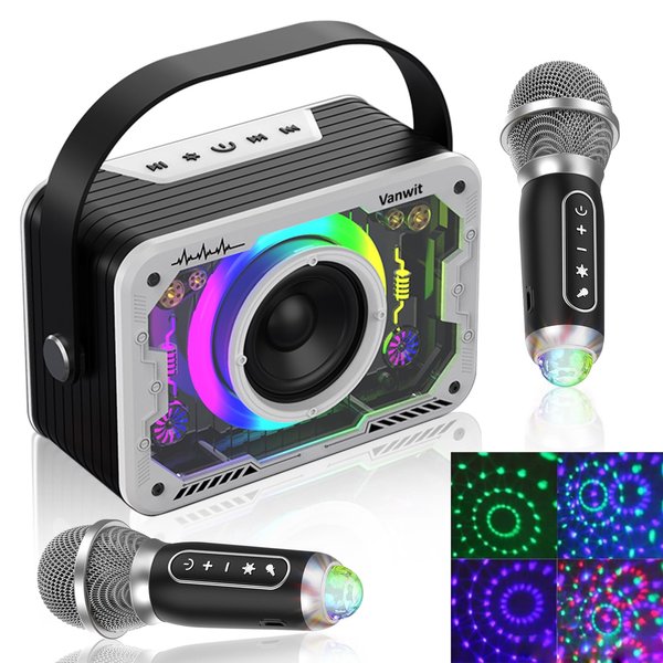 Karaoke Machine, 2 Wireless Karaoke Microphones with Disco Lights, Portable Bluetooth Speaker, Singing Machine with PA System for Adults Kids, Supports AUX/USB/TF for Home Party Indoor/Outdoor