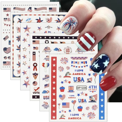 6Pcs Independence Day Nail Art Stickers Patriotic American Flag Heart balloon Fireworks Nail Design 4th of July Nail Stickers 3D Self-Adhesive Star Nail Decals Decoration for Women DIY Nail Supplies