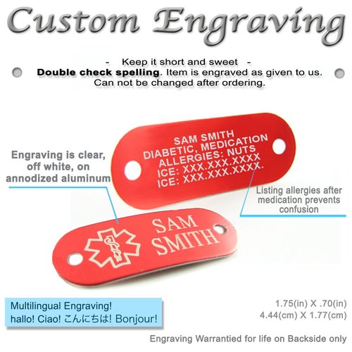 My Identity Doctor - Custom Engraved Medical ID Bracelet - Aluminum, Steel Curb Chain - Red - Wrist Size 5.25 Inch