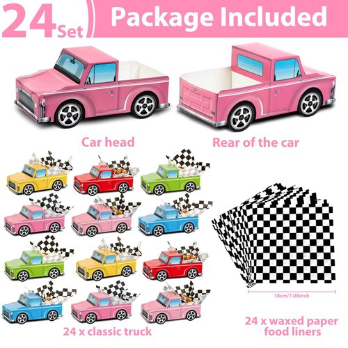 24 Pcs Classic Car Party Food Boxes Race Car Birthday Party Supplies Kids Trucks Food Box Tray with Snack and Waxed Paper Food Liners Table Centerpiece for Boys Girls Car Party Favors Decorations
