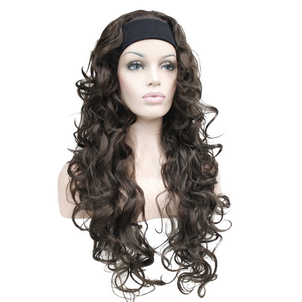 Wiginway 3/4 Band Headband Wig Women's Dark Brown Long Curly Wigs for Women Ladies