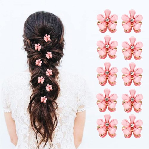 10 Pcs Mini Cute Flower-Shaped Hair Clips for Girls, Multicolor Crystal Hair Barrettes for Long Braid Hairstyles, Flower Hairpin for Women Hair Accessories (10 Pcs- Pink)