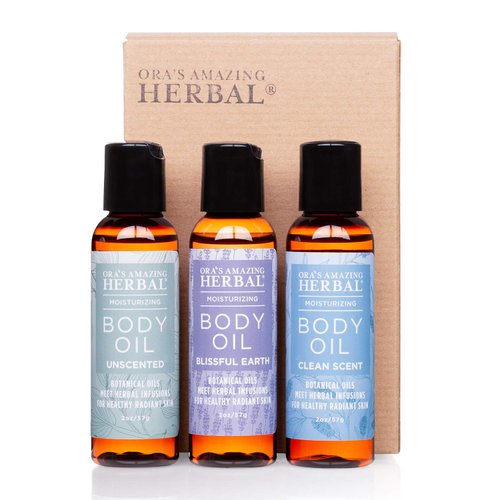 Body Oil Travel Size Variety Set, Hydrate Dry Skin, Massage Oil with Essential Oils, Moisturizing Body Oils for Men and Women, Ora’s Amazing Herbal (Pack of 3, 2.0 Fl Oz ea)