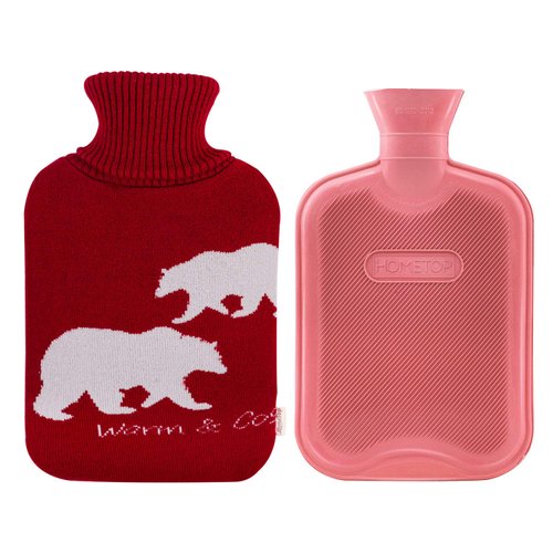 HomeTop Premium 2 Liter Classic Rubber Hot Water Bottle w/Elegant Polar Bear Knit Cover (2L, Wine/Light Red)