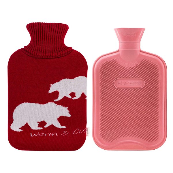 HomeTop Premium 2 Liter Classic Rubber Hot Water Bottle w/Elegant Polar Bear Knit Cover (2L, Wine/Light Red)