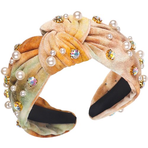 SeBneny Tie Dye Pearl Headband Crystal Rhinestone Headbands for Girls, Khaki Velvet Top Knotted Hairband Head Bopper Non Slip Wide Headband for Party Supplies Headwear 1PCS